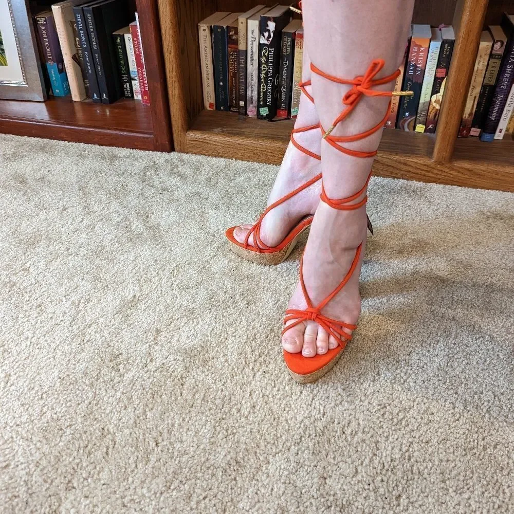 𝅺lob footwear orange suede gladiator laces sz 7.5 cork platform heels nwt